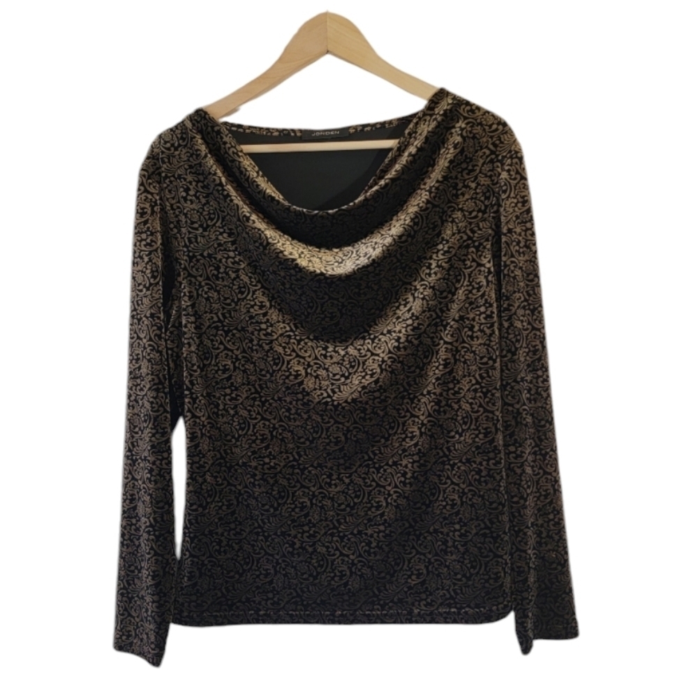 JONDEN Black Tan Paisley Velvet Blouse Sz L Drape Long Sleeve Fall Minimalist
